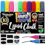 Premium Medium Tip Liquid Chalk Markers (10 Pens Size M) w/ 45 Chalkboard Labels, Wet Erase For Nonporous Blackboards, Surfaces, Windows, Bright Neon Pens, Extra Gold &amp; Silver, Dual Bullet Chisel Nibs