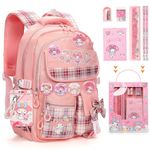 Ensccant Cartoon Backpack for Girls - Cute Anime Backpack for Girls Kids Teens Womens School Backpack, Anti-Theft Outdoor Travel Laptop Bookbags with 14Pcs Accessories, School Bags - Pink, Pink, L,