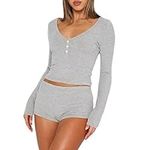 WangsCanis Women 2 Piece Ribbed Knit Pajama Set Long Sleeve Button Down Crop Top with Shorts Lounge Pj Set Sleepwear (560 Gray, S)