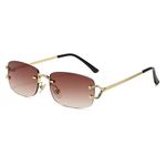 kachawoo Small Square Rimless Sunglasses for Women Metal Rimless Retro Sunglasses Luxury Brand Design Eyewear Slim Lens, Gold With Brown, Small