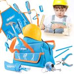 Hi-Spec 18pc Blue Kids Tool Kit Set with Children's Tool Bag - Real Metal Educational Construction Tools for Boys & Girls. Includes Costume Work Apron & Play Hat