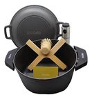 STOÖRD Dutch Oven-Cast Iron Skillet and Pot Complete Set-Includes Stainless Steel Oil Spray Bottle, Cast Iron Friendly Scrubbing Brush, Pot Stand and Heat Resistant Pan Holders-Dual Use Cookware Set