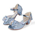 EDOSIR Girls Princess Shoes Bows Party Shoes Sparkle 3Blue Size13 Wedding Dress Little Girls Low Chunky Heel Shoes Strap Buckle