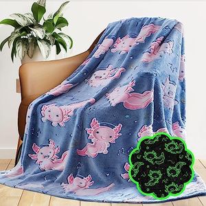 Axolotl Blanket Glow in The Dark Salamander Soft Blanket Pink Axolotl Gifts Toys Decor Cute Cozy Plush Blue Kids Blanket Throw for Boys Girls Teenage