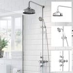 BAYSTONE Thermostatic Mixer Shower Traditional Round Drencher Head Chrome White Crosshead Exposed Valve