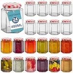 HEFTMAN Small Glass Jars with Lids - 24 Pack Airtight 480ml Jam Jars with Red Gingham Lids for Use as Pickling Jars, Glass Jars for Candle Making, Preserving Jars - Hexagonal Small Jars (Empty)