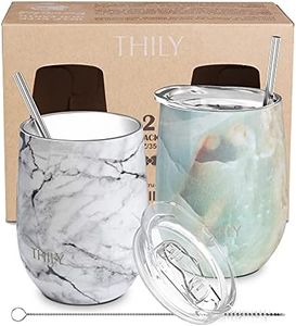 Vacuum Insulated Stemless Wine Tumbler - THILY 12 oz Stainless Steel Wine Glass with Lid and Straw, Keep Cold or Hot for Coffee, Cocktails, Christmas Birthday Gift, 2 Pack(White Marble + Opal Marble)