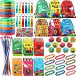 Jexine 140 Pcs Train Birthday Party Favors Vehicle Train Stickers DIY Stickers Drawstring Bags Mini Notepads Silicone Wristbands Bracelets Keychain Button Pins Flexible Soft Pencil