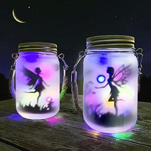 Mostof 2 Pack Fairy Solar Lantern Outdoor, Garden Ornaments IP44 Waterproof Hanging Frosted Glass Solar Mason Jar Lights for Table, Yard, Garden, Patio, Lawns (Color)