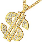 Riuziyi Gold Plated Chain with Crystal Dollar Sign Pendant Necklace, Hip Hop Chain Money Charm Necklace for Men 31.5 Inch, Metal, Cubic Zirconia