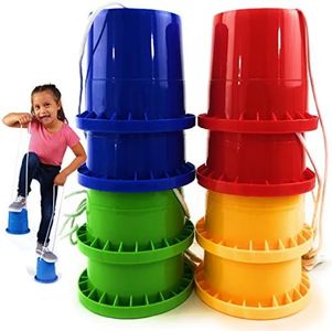 Matty's Toy Stop Bucket Stilts Plastic Balancing Stilts 4.75" (Red, Blue, Green & Yellow) Gift Set Bundle - 4 Pairs (8 Stilts Total)