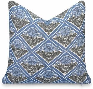 Crumbs Home California Casual Coastal Indoor Outdoor Throw Pillow Cover, 20"x20" Water Repellent for Patio, Backyard, Couch, Azure Light Blue Block Print Vintage Hydrangea Flowers
