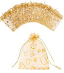 100pcs 4"*6" Organza Bags Candy Gift Bags,Makeup Organza Favor Bags,Net gift Bags,Drawstring goody bags for Party Festival (4"*6"(10 * 15cm), Gold heart)