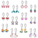 Aganippe 12/16 Pairs Hypoallergenic Acrylic Dangle Hoop Earrings Cute Multiple Colour Fox Flower Flag Panda Pineapple Beetle Fruits Food Cartoon Dangle Hoop Earrings for Little Girls Women, Metal, No