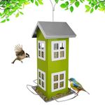 Hugeleaf Bird Feeders for Outdoors Hanging, Metal Bird Feeder with Removable Roof, Wild Bird House Feeders with 4 Ports, Squirrel Proof Bird Feeders for Outside, Large Capacity, Green