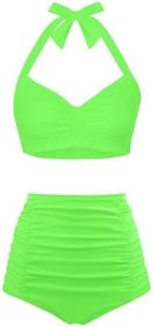 Holipick Women High Waisted Bikini Sets Two Piece Swimsuit Tummy Control Bathing Suit Halter Top with Full Coverage Bottom, Neon Green, Medium