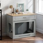 DAWNYIELD Dog Crate Furniture, Wooden Dog Cage with Up-and-Over Sliding Door and Drawer, Furniture Style Indoor Dog Kennel End Table with 360°Rotatable Dog Bowl Grey
