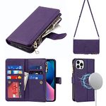 Ｈａｖａｙａ etui iPhone 13 pro Wallet Cover Compatible Magnetic Magsafe-with Card Holder [RFID Blocking]-Crossbody Zipper Wallet case Apple iPhone 13 pro étui de portefeuille-Purple