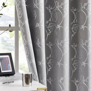 Enactex 100% Blackout Curtains 84 Inches Long for Bedroom, Silver Floral Foil Pattern Drapes for Living Room, Grommet Room Darkening Thermal Insulated Window Treatments 2 Panel Sets, Grey