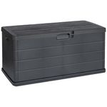 idooka Plastic Garden Storage Box - Large 340L Capacity - Dark Grey Faux Wood Panelling Design - Weatherproof Outdoor Storage Box for Patio Cushions, Tools, Toys, and Other Garden Accessories