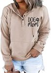 MUZHI Womens MOM Mode Hoodies Sweatshirts Casual Long Sleeve Half Button Down Pullover Drawstring Loose Tops with Pockets, Dog Mom Beige, Medium