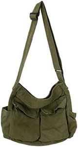 GAXOS Aesthetic Cute Messenger Bag for School Vintage Black Canvas Crossbody for Women Shoulder Laptop Bag, Green