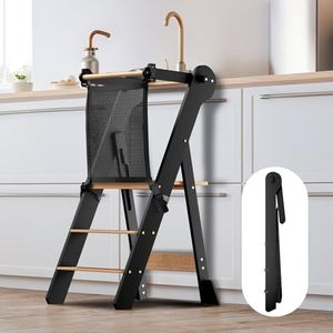 COSYLAND Foldable Toddler Standing Tower - Adjustable Height Folding Step Stool Kid Toddler Kitchen Stool Helper for Learning and Cooking - Ages 18 Months to 6 Years with safety Net Natural & Charcoal