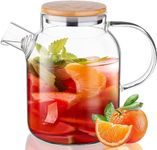 NVRA Premium 1800ML Glass Water Jug with Stainless Steel Lid & Handle | 1.80L Transparent Beverage Carafe for Home Office Etc | Pitcher for Serve Water Juice Borosilicate Jug (1.8 Lieter Wooden Lid)