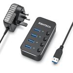 Powered USB Hub RSHTECH Aluminum 4-port USB 3.0 Hub with 5V/2A Power Supply and Individual On/Off Switch (Black)