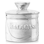 MALACASA Butter Dishes with Lid, Porcelain Butter Keeper Crock for Counter with Water Line, Butter Container for Fresh Spreadable Butter, Series REG, Marble Gray