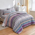 Flysheep Bohemian Bed in a Bag 7 Pieces Queen Size, Colorful Boho Purple Orange Gray Stripes Reversible Bed Comforter Set (1 Comforter, 1 Flat Sheet, 1 Fitted Sheet, 2 Pillow Shams, 2 Pillowcases)