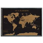 Splosh Travel Map - XL Desk World Map Pin Board in Black, Wooden Frame. World Map Cork Board with 100 Pins in 2 Colours to Mark Your Past and Future Adventures Framed World Maps for Desks.