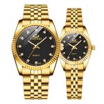 Couple Watches Swiss Brand Golden Watch Men Women Stainless Steel Waterproof Quartz Watch Gift Set (Black)