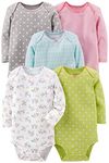 Simple Joys by Carter's Baby Girls 5-Pack Long-Sleeve Bodysuit, Grey/Pink/Lime/Blue, 6-9 Months