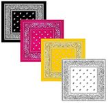 Aadikart 100% Cotton Paisley Printed Novelty Cowboy Bandana Handkerchiefs Multi-purpose For Men and Women Pack of 4 (Black Pink Yellow White)