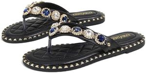 Gladtbser Women's Sparkle Rhinestones Flat Flip-Flops Fashion Comfort Memory Slip-on Flat Slides Sandals T-Strap Thong Beach Slippers, Black, 10