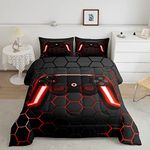 Gaming Comforter for Boys Teen Gamer Comforter Set,Game Contoller Bedding Home Decor for Kids Men Video Game Bed Set,Neon Lights Gamepad Duvet Set,Red Grey Hexagon Honeycomb Bedding Lightweight,Twin