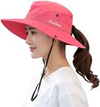 HGGE Women's Summer Mesh Wide Brim Sun UV Protection Hat with Ponytail Hole - Red - One Size