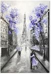 YPY Abstract Paris Canvas Wall Art: Black White Eiffel Tower Hand Painted Oil Painting, Purple and Grey Picture Print Room Decor for Teen Girls Bedroom Bathroom 24" x 36"