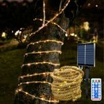 MEDOYOH 10M Solar Rope Fairy Light of 200 LED, Solar Hemp Rope String Lights with 8 Lighting Modes, Dimming Adjust Timer Waterproof for Garden Patio Balcony Swing Trunk Decor