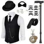 VillbeCoser 1920s Mens Vest Costume Roaring 20s Accessories, Foldable Metal Crutches Fedora Hat Halloween Party