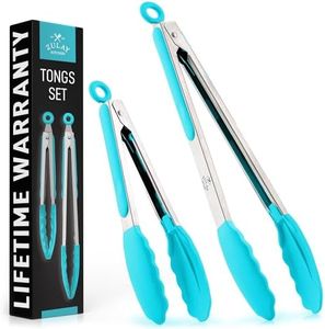 Zulay Stainless Steel Kitchen Tongs with Silicone Tips - Set of 2 (9” & 12”) Locking Cooking Tongs with Non-Slip Grip - Heat Resistant, BBQ Food Tongs for Non-Stick Cooking Pans (Silver/Aqua Sky)