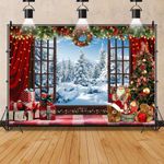 Pnylzzyxh 10x8ft Christmas Window Backdrop for Photography Winter Merry Xmas Tree Background Snow Red Plaid Check Holiday Photobooth Portrait Party Banner Festival Photo Studio Props Supplies