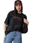 RodZen Oversized Loose Fit Cotton Round Neck Boat Printed T-Shirt for Womens/Girls (Black, S)