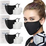 Euroca Reusable Face Masks with Filter Made from Cotton Fabric Breathable Washable with Nose Clips Adjustable Ear Loop Filters for Men Women Teens (3 Pack Woman Black Upgraded)