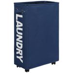 DOKEHOM 25-Inches Slim Laundry Basket on Wheels, Collapsible Rolling Laundry Hamper, Foldable Narrow Corner Clothes Storage Bins (Dark Blue)