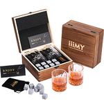 iiiMY Whisky Stones and Glasses Gift Set, Whisky Rocks Chilling Stones in Handmade Wooden Box– Cool Drinks Without Dilution – Whisky Glasses Set of 2, Gift for Dad, Husband, Men