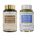 Neuherbs Deep Sea Omega 3 Fish Oil 2500 Mg Capsules & Ashwagandha 1000 Mg Combo for Men & Women- 60 units Each |892 Mg EPA and 594 Mg DHA |Supports Lean Muscle, Strength & Immune Health.