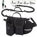 Hands Free Dog Running Lead with Wide Back Support Belt, Adjustable Waistband, Multiple Compartments, Dual Handles and Bungee Leads with Reflective Stitching (Black)