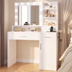 DUMOS Makeup Vanity Desk with Mirror and Lights, Storage Shelves